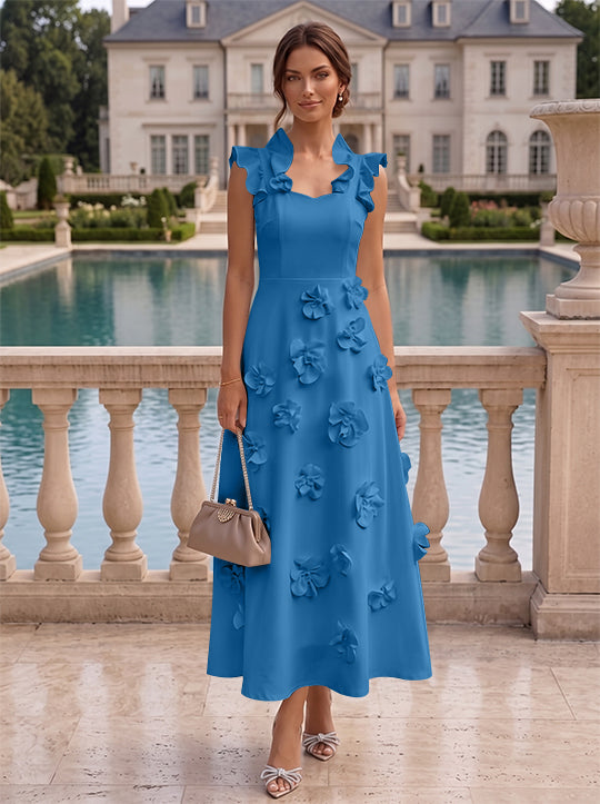 A-Line/Princess V-Neck Stretch Satin Cocktail Dresses with 3D Flowers Sleeveless Ruffles Tea-Length Formal Dresses Little White Dresses