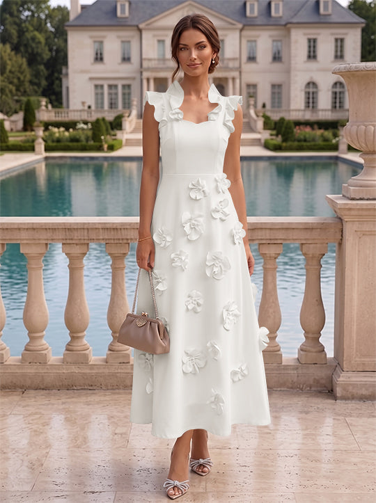 A-Line/Princess V-Neck Stretch Satin Cocktail Dresses with 3D Flowers Sleeveless Ruffles Tea-Length Formal Dresses Little White Dresses