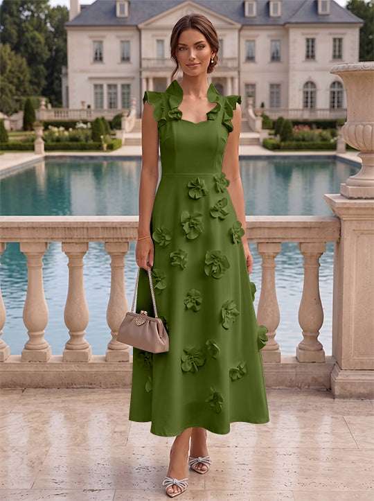 A-Line/Princess V-Neck Stretch Satin Cocktail Dresses with 3D Flowers Sleeveless Ruffles Tea-Length Formal Dresses Little White Dresses
