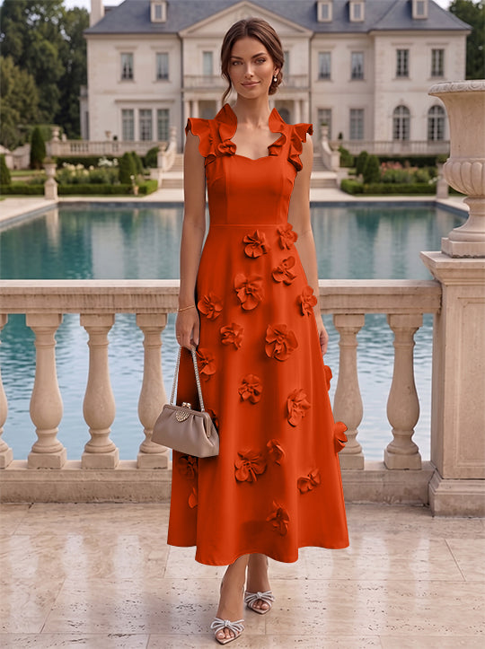 A-Line/Princess V-Neck Stretch Satin Cocktail Dresses with 3D Flowers Sleeveless Ruffles Tea-Length Formal Dresses Little White Dresses
