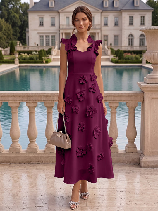 A-Line/Princess V-Neck Stretch Satin Cocktail Dresses with 3D Flowers Sleeveless Ruffles Tea-Length Formal Dresses Little White Dresses