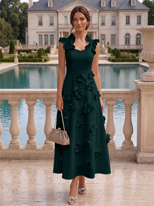 A-Line/Princess V-Neck Stretch Satin Cocktail Dresses with 3D Flowers Sleeveless Ruffles Tea-Length Formal Dresses Little White Dresses