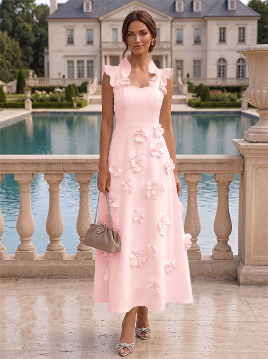 A-Line/Princess V-Neck Stretch Satin Cocktail Dresses with 3D Flowers Sleeveless Ruffles Tea-Length Formal Dresses Little White Dresses