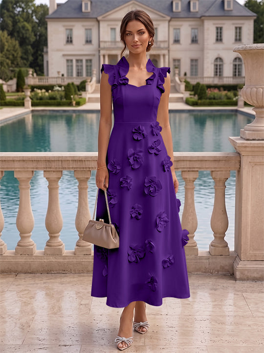 A-Line/Princess V-Neck Stretch Satin Cocktail Dresses with 3D Flowers Sleeveless Ruffles Tea-Length Formal Dresses Little White Dresses