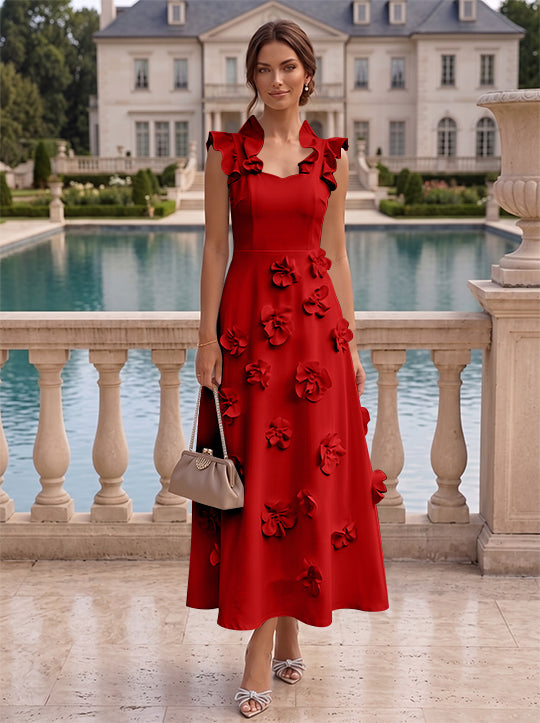 A-Line/Princess V-Neck Stretch Satin Cocktail Dresses with 3D Flowers Sleeveless Ruffles Tea-Length Formal Dresses Little White Dresses