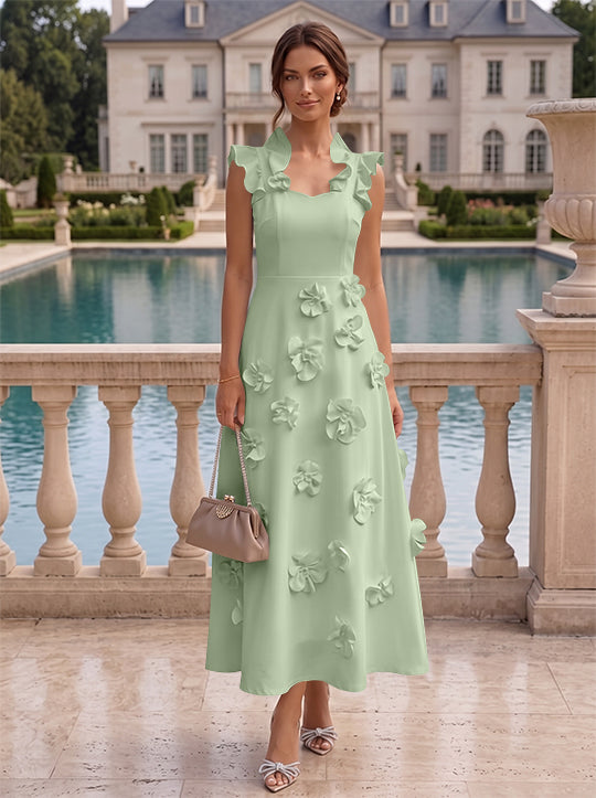 A-Line/Princess V-Neck Stretch Satin Cocktail Dresses with 3D Flowers Sleeveless Ruffles Tea-Length Formal Dresses Little White Dresses
