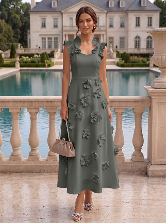 A-Line/Princess V-Neck Stretch Satin Cocktail Dresses with 3D Flowers Sleeveless Ruffles Tea-Length Formal Dresses Little White Dresses