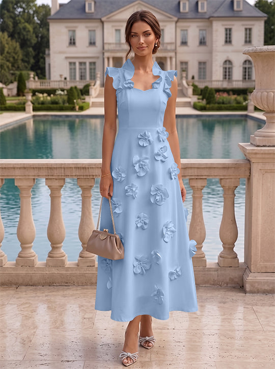 A-Line/Princess V-Neck Stretch Satin Cocktail Dresses with 3D Flowers Sleeveless Ruffles Tea-Length Formal Dresses Little White Dresses