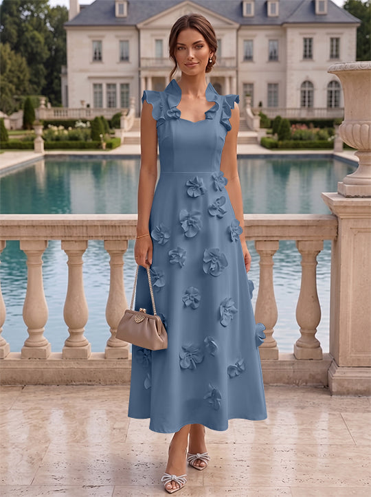 A-Line/Princess V-Neck Stretch Satin Cocktail Dresses with 3D Flowers Sleeveless Ruffles Tea-Length Formal Dresses Little White Dresses