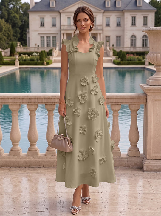 A-Line/Princess V-Neck Stretch Satin Cocktail Dresses with 3D Flowers Sleeveless Ruffles Tea-Length Formal Dresses Little White Dresses