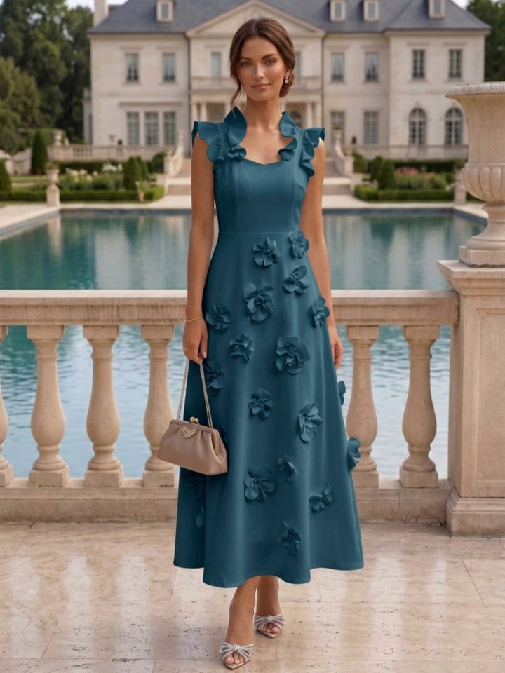 A-Line/Princess V-Neck Stretch Satin Cocktail Dresses with 3D Flowers Sleeveless Ruffles Tea-Length Formal Dresses Little White Dresses