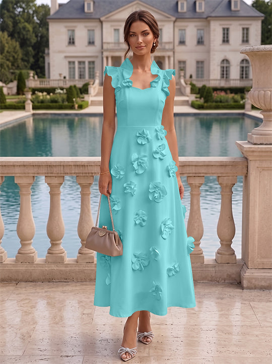 A-Line/Princess V-Neck Stretch Satin Cocktail Dresses with 3D Flowers Sleeveless Ruffles Tea-Length Formal Dresses Little White Dresses