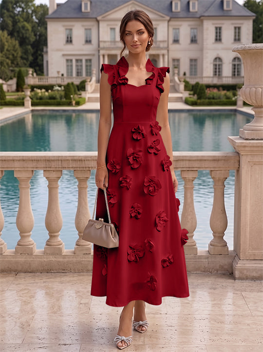 A-Line/Princess V-Neck Stretch Satin Cocktail Dresses with 3D Flowers Sleeveless Ruffles Tea-Length Formal Dresses Little White Dresses
