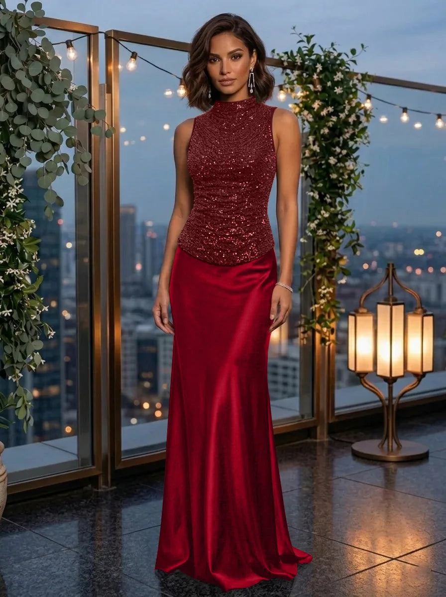 Sheath/Column Mock Neck Metallic Mesh Evening Dresses Silk Satin Sleeveless Floor-Length Party Dresses