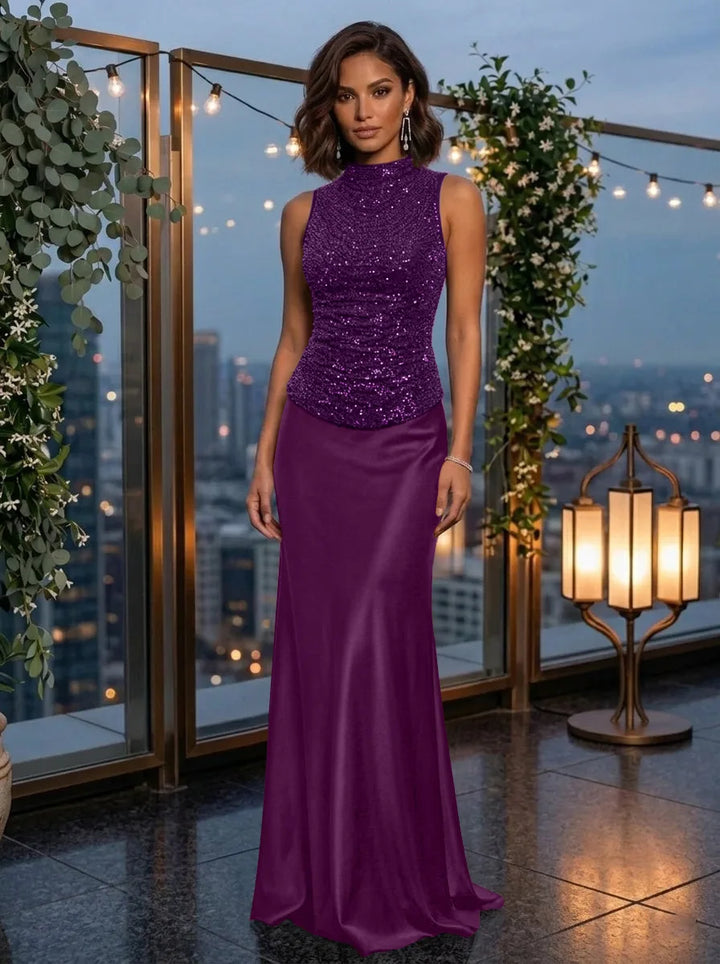Sheath/Column Mock Neck Metallic Mesh Evening Dresses Silk Satin Sleeveless Floor-Length Party Dresses