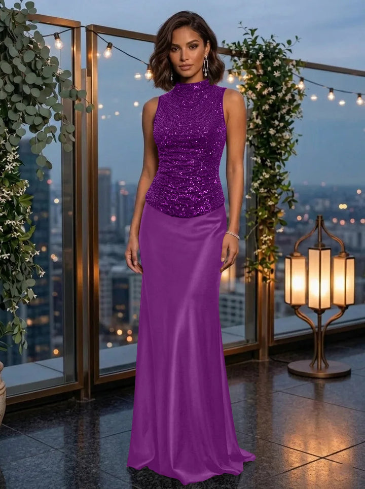 Sheath/Column Mock Neck Metallic Mesh Evening Dresses Silk Satin Sleeveless Floor-Length Party Dresses