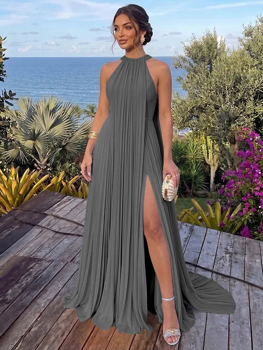A-Line/Princess Halter Chiffon Evening Dresses with Split Side Floor-Length Sleeveless Ruched Party Dresses