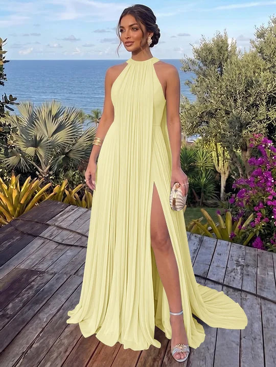 A-Line/Princess Halter Chiffon Evening Dresses with Split Side Floor-Length Sleeveless Ruched Party Dresses