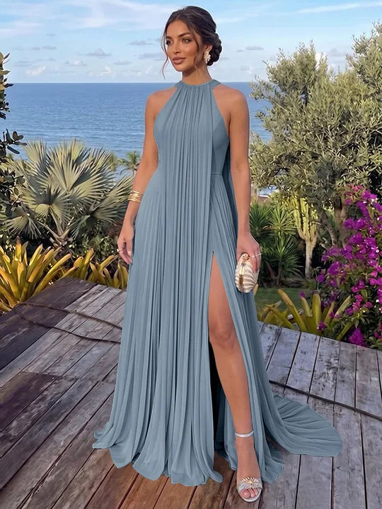 A-Line/Princess Halter Chiffon Evening Dresses with Split Side Floor-Length Sleeveless Ruched Party Dresses