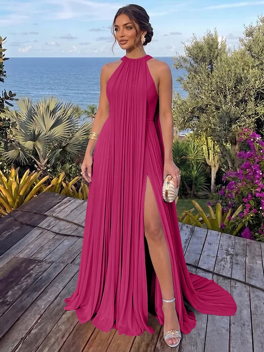 A-Line/Princess Halter Chiffon Evening Dresses with Split Side Floor-Length Sleeveless Ruched Party Dresses