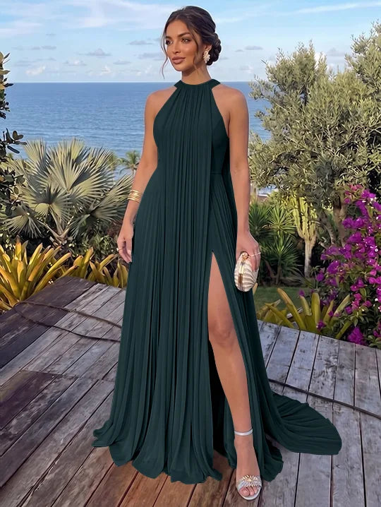 A-Line/Princess Halter Chiffon Evening Dresses with Split Side Floor-Length Sleeveless Ruched Party Dresses