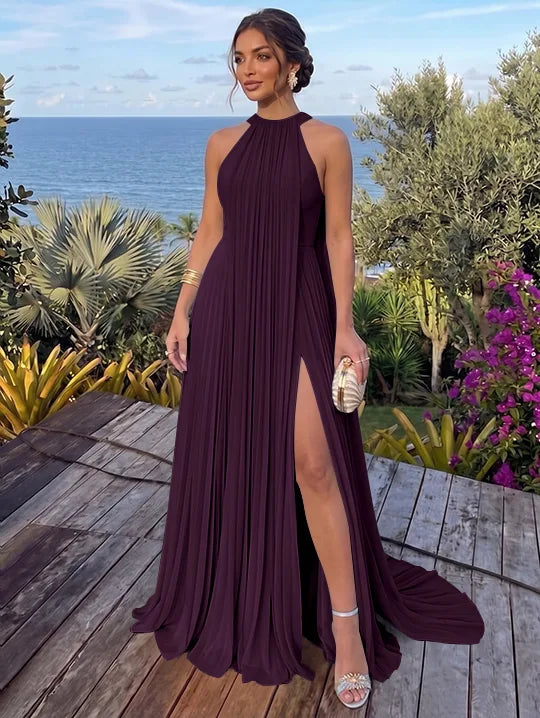 A-Line/Princess Halter Chiffon Evening Dresses with Split Side Floor-Length Sleeveless Ruched Party Dresses