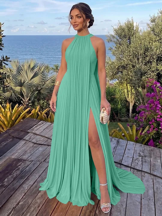 A-Line/Princess Halter Chiffon Evening Dresses with Split Side Floor-Length Sleeveless Ruched Party Dresses