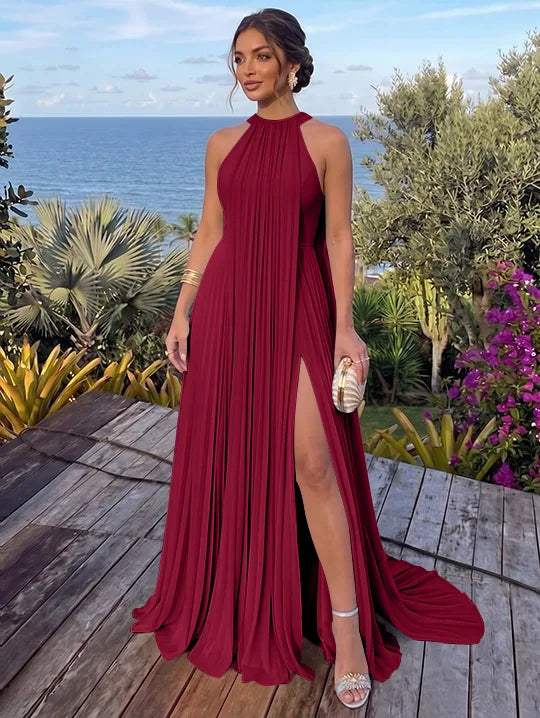 A-Line/Princess Halter Chiffon Evening Dresses with Split Side Floor-Length Sleeveless Ruched Party Dresses