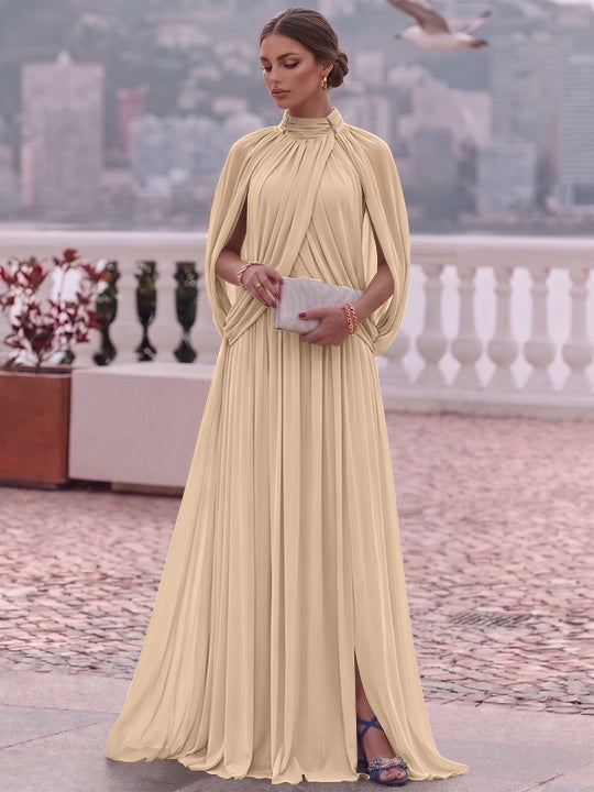 A-Line/Princess Mock Neck Chiffon Evening Dresses Cape Sleeves Floor-Length Ruched Formal Dresses
