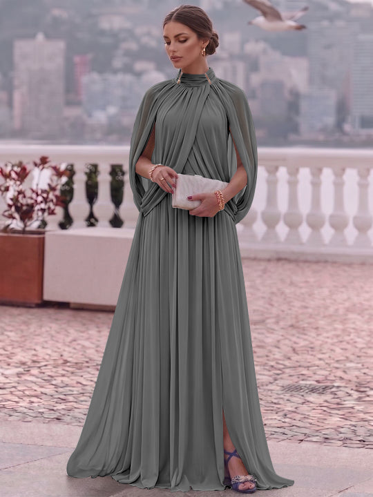 A-Line/Princess Mock Neck Chiffon Evening Dresses Cape Sleeves Floor-Length Ruched Formal Dresses