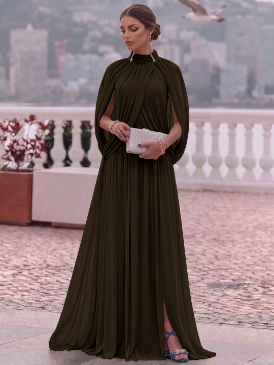 A-Line/Princess Mock Neck Chiffon Evening Dresses Cape Sleeves Floor-Length Ruched Formal Dresses