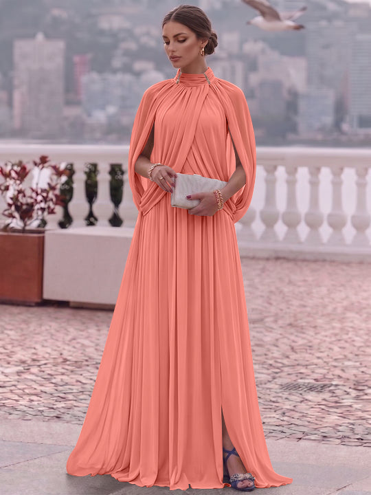A-Line/Princess Mock Neck Chiffon Evening Dresses Cape Sleeves Floor-Length Ruched Formal Dresses