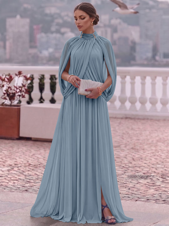 A-Line/Princess Mock Neck Chiffon Evening Dresses Cape Sleeves Floor-Length Ruched Formal Dresses