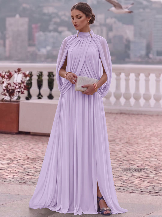 A-Line/Princess Mock Neck Chiffon Evening Dresses Cape Sleeves Floor-Length Ruched Formal Dresses