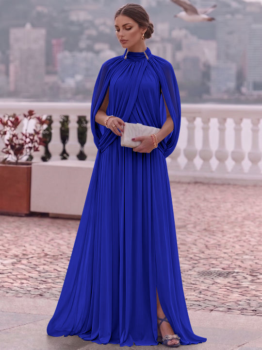A-Line/Princess Mock Neck Chiffon Evening Dresses Cape Sleeves Floor-Length Ruched Formal Dresses