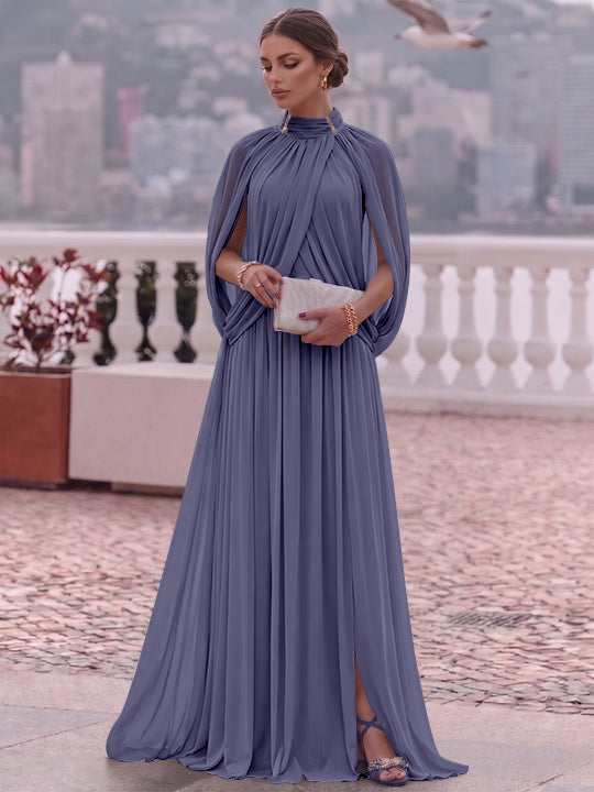 A-Line/Princess Mock Neck Chiffon Evening Dresses Cape Sleeves Floor-Length Ruched Formal Dresses