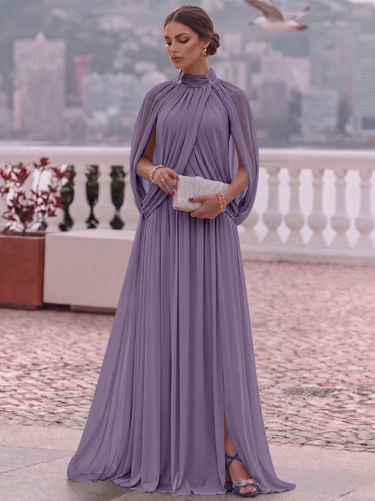A-Line/Princess Mock Neck Chiffon Evening Dresses Cape Sleeves Floor-Length Ruched Formal Dresses