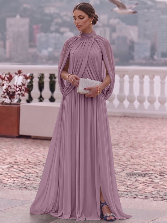 A-Line/Princess Mock Neck Chiffon Evening Dresses Cape Sleeves Floor-Length Ruched Formal Dresses