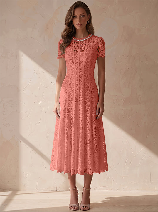A-Line/Princess Scoop Lace Cocktail Dresses Tea-Length Little White Dresses Beading Short Sleeves Party Dresses