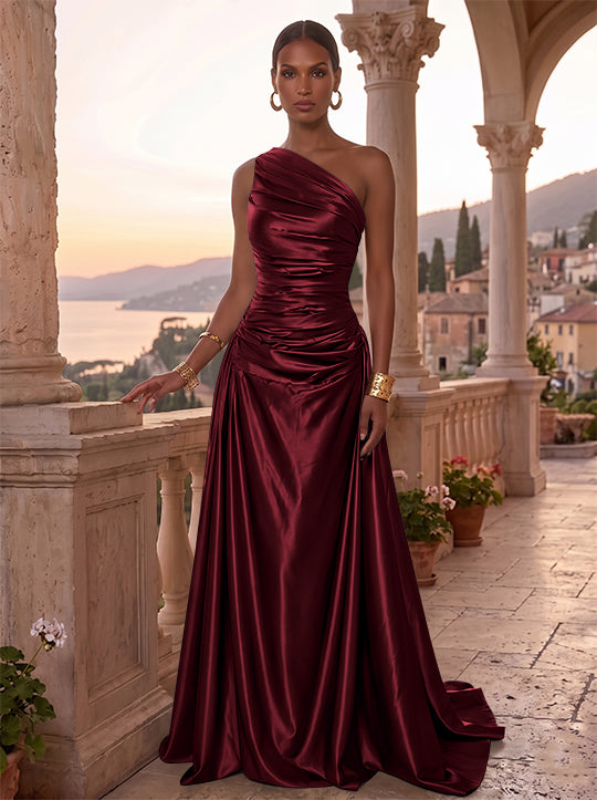 A-Line/Princess One-Shoulder Silk Satin Evening Dresses Sleeveless Ruched Floor-Length Formal Dresses