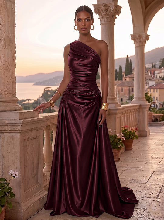 A-Line/Princess One-Shoulder Silk Satin Evening Dresses Sleeveless Ruched Floor-Length Formal Dresses