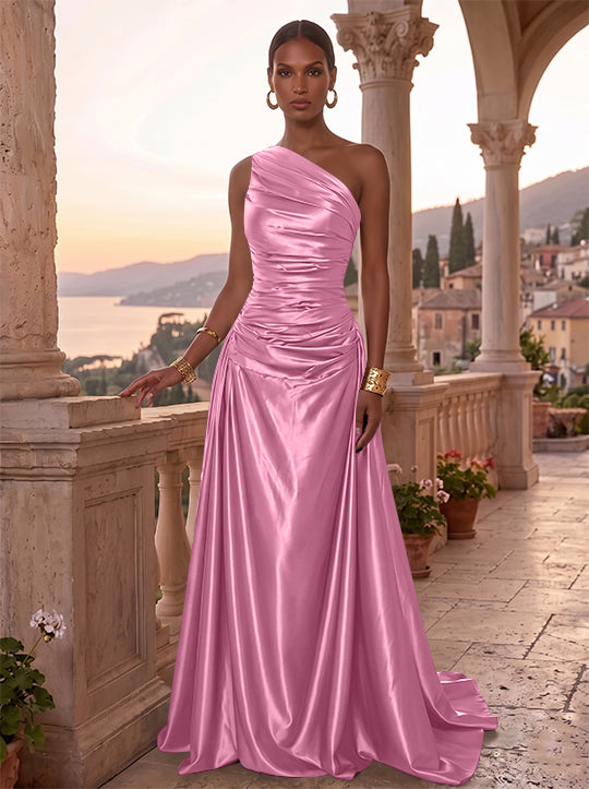 A-Line/Princess One-Shoulder Silk Satin Evening Dresses Sleeveless Ruched Floor-Length Formal Dresses