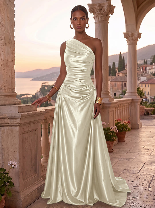 A-Line/Princess One-Shoulder Silk Satin Evening Dresses Sleeveless Ruched Floor-Length Formal Dresses