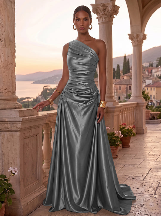 A-Line/Princess One-Shoulder Silk Satin Evening Dresses Sleeveless Ruched Floor-Length Formal Dresses