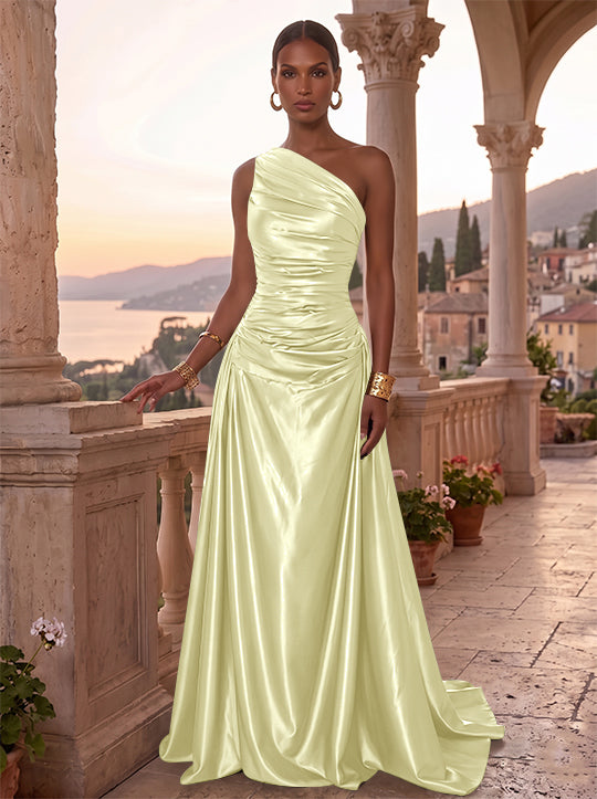 A-Line/Princess One-Shoulder Silk Satin Evening Dresses Sleeveless Ruched Floor-Length Formal Dresses