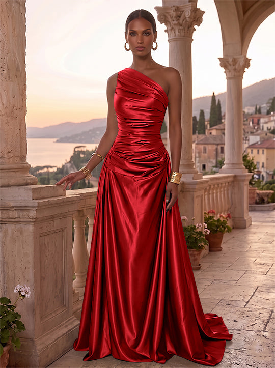 A-Line/Princess One-Shoulder Silk Satin Evening Dresses Sleeveless Ruched Floor-Length Formal Dresses