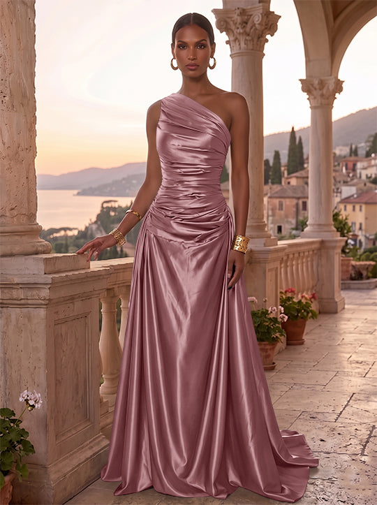 A-Line/Princess One-Shoulder Silk Satin Evening Dresses Sleeveless Ruched Floor-Length Formal Dresses
