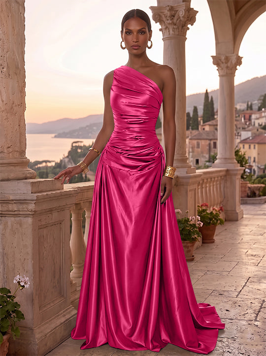 A-Line/Princess One-Shoulder Silk Satin Evening Dresses Sleeveless Ruched Floor-Length Formal Dresses
