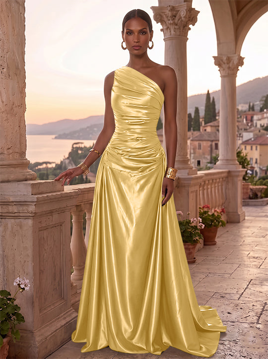 A-Line/Princess One-Shoulder Silk Satin Evening Dresses Sleeveless Ruched Floor-Length Formal Dresses