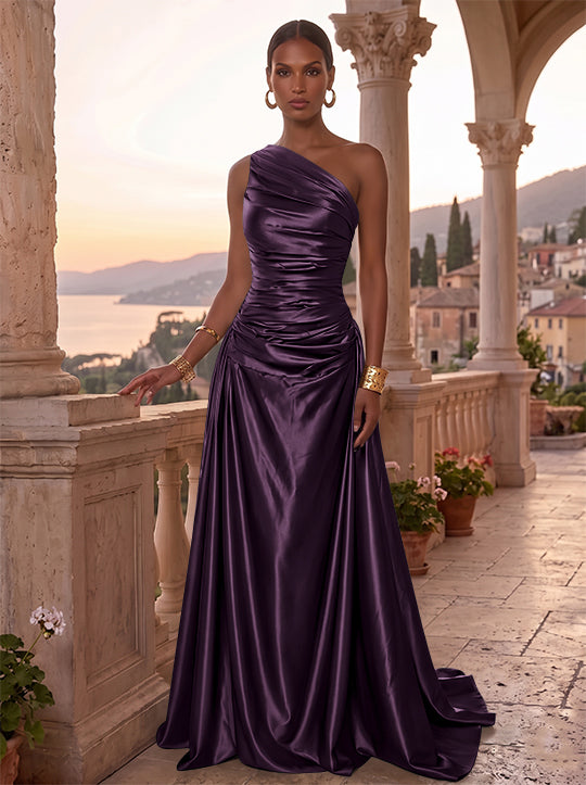 A-Line/Princess One-Shoulder Silk Satin Evening Dresses Sleeveless Ruched Floor-Length Formal Dresses